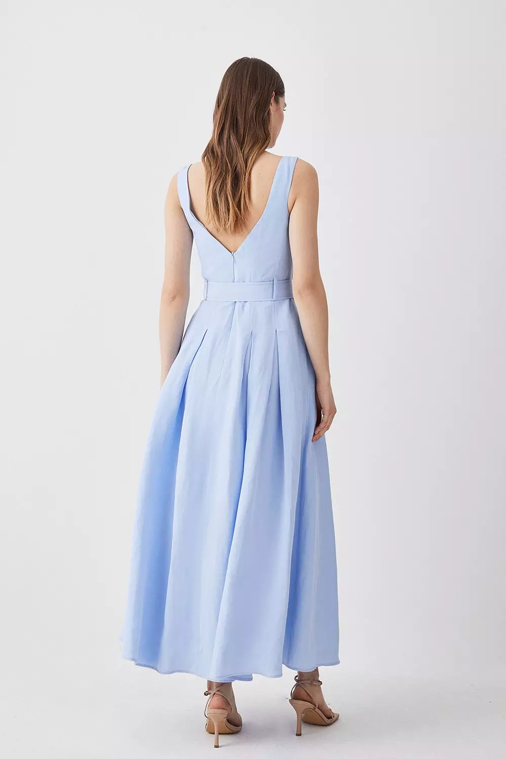 Petite Linen Seamed Detail Full Skirted Midi Dress Karen Millen